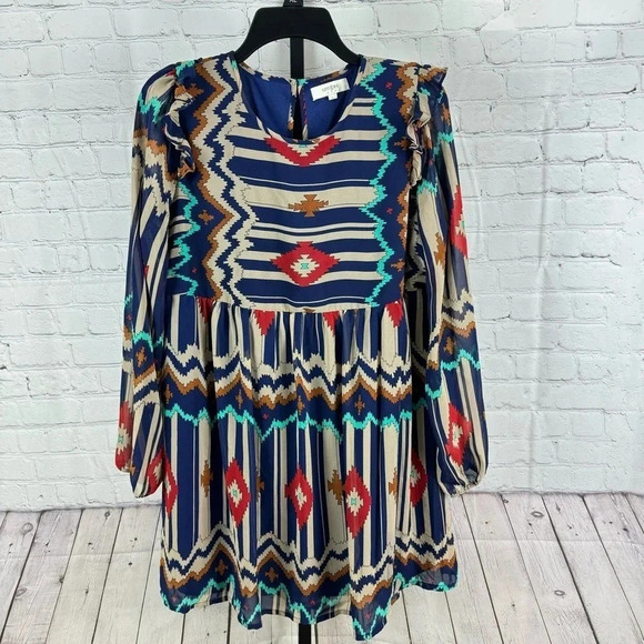Umgee Aztec Print Ruffle Long Sleeve Dress Size Large - Picture 1 of 7